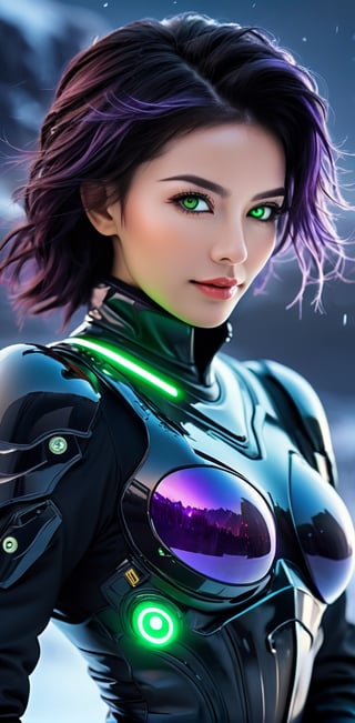 photorealistic, masterpiece, futuristic black tactical suit, special operation agent, beautiful, beautiful dark green eyes, short wave dark purple hair, ((background strong wind blizzard futuristic outpost antarctica)), ((night)), juicy lips, ((various futuristic high tech gadgets)), futuristic high tech gun , off shoulder, crop top, half body,smile, (oil shiny skin:1.0), (big_boobs:1.6), willowy, chiseled, (hunky:1.4),(( body rotation -35 degree)), (upper body:0.8),(perfect anatomy, prefecthand, dress, long fingers, 4 fingers, 1 thumb), 9 head body lenth, dynamic sexy pose, breast apart, (artistic pose of awoman),DonMF41ryW1ng5XL,neotech,NIJI STYLE,Blue Backlight ,photo r3al,cinematic_warm_color,glowing,Leonardo Style,bl1ndm5k,xxmix_girl,scifi