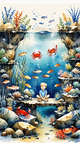 1 boy,solo,Asia boys,wonderful An child room full of water and a boy standing with a variety freshwater fishes,(freshwater area(crab,eel, shrimp, fish,)),(smile:1.2),shuicaixiaodian,watercolor \(medium\)