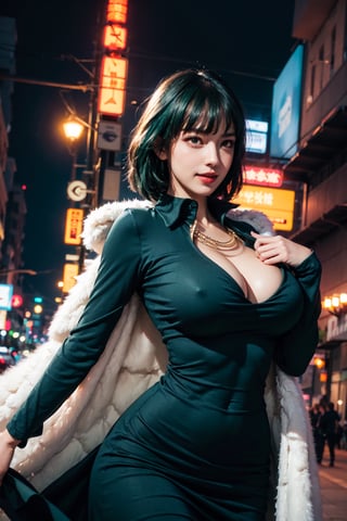 (masterpiece, best quality:1.3), , ycowboy shot, solo, 1girl, fubuki, expressionless, green hair, taut clothes,White mink coat,fur coat, jewelry, necklace, gigantic_breast,(breasts cleavage:1.0), (bokeh:0.9), depth of field, wind powers, (Dynamic Positions1.6)floating, dark green tight dress, long_sleeves, high collar, curved body, sexy pose, alluring, erotic pose, kinky, close-fitting clothing, neck bone, at the city, midnight, cyberpunk scene, neon lights, wind vfx, splashes, green lightning, light particles, electric,(smile:0.9),more detail 