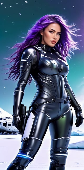 photorealistic, masterpiece, futuristic black tactical suit, special operation agent, beautiful, beautiful dark green eyes, long purple hair, ((background strong wind blizzard futuristic outpost antarctica)), ((night)), juicy lips, ((various futuristic high tech gadgets)), futuristic high tech gun , off shoulder, crop top, half body,smile, (oil shiny skin:1.0), (big_boobs:1.6), willowy, chiseled, (hunky:1.4),(( body rotation -35 degree)), (upper body:0.8),(perfect anatomy, prefecthand, dress, long fingers, 4 fingers, 1 thumb), 9 head body lenth, dynamic sexy pose, breast apart, (artistic pose of awoman),neon style