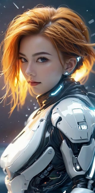 scifi, glowing, neotech, scholar , , photorealistic, masterpiece, futuristic white and yellow tactical suit, special operation agent, beautiful, beautiful dark blue eyes, wave orange hair, ((background strong wind blizzard futuristic outpost antarctica)), juicy lips, ((various futuristic high tech gadgets)), futuristic high tech gun, happy friendly flirty,medium shot, indoor of cyberpunk_background, , hyper detailed,neotech ,smile, (oil shiny skin:1.0), (big_boobs:2.6), willowy, chiseled, (hunky:2.4),(( body rotation -35 degree)), (upper body:0.8),(perfect anatomy, prefecthand, dress, long fingers, 4 fingers, 1 thumb), 9 head body lenth, dynamic sexy pose, breast apart, (artistic pose of awoman),DonMF41ryW1ng5XL,neotech,NIJI STYLE,Blue Backlight ,photo r3al,cinematic_warm_color,glowing