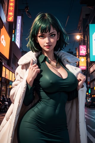 (masterpiece, best quality:1.3), , ycowboy shot, solo, 1girl, fubuki, expressionless, green hair, taut clothes,White mink coat,fur coat, jewelry, necklace, gigantic_breast,(breasts cleavage:1.3), (bokeh:0.9), depth of field, wind powers, (Dynamic Positions1.6)floating, dark green tight dress, long_sleeves, high collar, curved body, sexy pose, alluring, erotic pose, kinky, close-fitting clothing, neck bone, at the city, midnight, cyberpunk scene, neon lights, wind vfx, splashes, green lightning, light particles, electric,(smile:0.9)