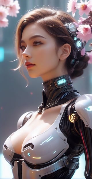((medium shot)), (RAW photo, best quality), (realistic, photo-Realistic:1.3), Imagine a beautiful cyborg with a translucent glowing glass body with colorful flowers and clockwork completely visible through her translucent glass body walking through a futuristic city, flowy hair, fantasy, work of beauty and complexity, 8k UHD, hyperdetailed ultrarealistic face, hazel eyes ,cyborg style, glowing translucent glass, amber glow,steampunk style, glass body, 80mm digital photo , wide_hips, translucent seethrough glass like body,Leonardo Style,cyberpunk style, iridescent glow,glasstech,,smile, (oil shiny skin:1.0), (big_boobs:2.6), willowy, chiseled, (hunky:2.4),(( body rotation -35 degree)), (upper body:0.8),(perfect anatomy, prefecthand, dress, long fingers, 4 fingers, 1 thumb), 9 head body lenth, dynamic sexy pose, breast apart, (artistic pose of awoman),chrometech,Glass Elements,bubbleGL