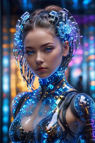 (best quality,4k,8k,highres,masterpiece:1.2),ultra-detailed,physically-based rendering,professional,vivid colors,bokeh,cyborg girl,made only glass,neon cables,gears,transparent body,mechanical details,glowing eyes,reflective surface,subtle reflections,ethereal,luminous,metallic highlights,sci-fi,futuristic,neon lights,blue and purple color palette,dynamic lighting,photo r3al,Glass Elements,ByteBlade,full_body,big breast,view_from_above 
