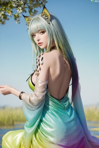 kaldef, green short dress, ultra quality, sharp focus, 8K UHD, highly detailed glossy eyes, ultra quality,  green eyes,  1girl,  masterpiece,  best quality,  hair blowing,  blue sky,  meadow,  sitting,  tree,  (gradient hair:1.5), hand on own hair, 5fingers, good hands and fingers, (perfect hands, perfect anatomy), ( shiny oil skin:1.2), curved body, long fingers, dynamic sexy pose, sexy body, (big breast:1.0), 9 head length body, (floating hair:1.2), looking at viewer, (cowboy shot:0.7), (from_behind:1.4)