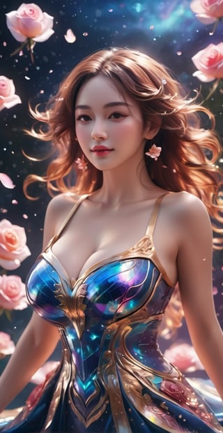 close up angle of (( floating on air)), ( rose petal) , detailed focus, deep bokeh, beautiful, dreamy colors, dark cosmic background. Visually delightful ,3D,more detail XL,dreamwave,More Detail,aesthetic,smile, (oil shiny skin:1.3), (big_boobs:3.2), willowy, chiseled, (hunky:3.5), body rotation 45 degree, (perfect anatomy, prefecthand, blue dress, long fingers, 4 fingers, 1 thumb), 9 head body lenth, dynamic sexy pose, breast apart, (cowbod shot:1.5), (artistic pose of awoman),