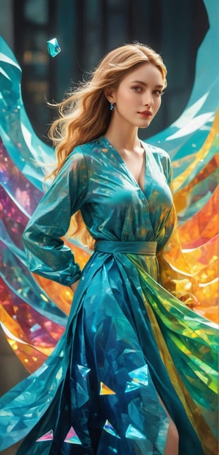 (1girl),blond hair ,(create a truly masterpiece artwork in digital art style, elegant and attractive woman as center of composition, ginger, inticate colorful dress made of peace of paper, fashion, stylish, surrealism, fusion a classicim style and modern style, very detailed, sharp focus, nature lighting, dark soft colors, merge ink and oil painted style, bokeh, smile,hyper realstick, (oil shiny skin:1.0), (big_boobs:2.8), willowy, chiseled, (hunky:2.5),(( body rotation -90 degree)), (full body:1.0),(perfect anatomy, prefecthand, dress, long fingers, 4 fingers, 1 thumb), 9 head body lenth, dynamic sexy pose, breast apart, (artistic pose of awoman),c_car,glitter,Split lighting,shiny,DonMChr0m4t3rr4XL ,shards,glass,Colorful Binary Code Energy,Pakistani dress