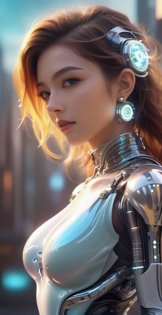 ((medium shot)), (RAW photo, best quality), (realistic, photo-Realistic:1.3), Imagine a beautiful cyborg with a translucent glowing glass body with colorful flowers and clockwork completely visible through her translucent glass body walking through a futuristic city, flowy hair, fantasy, work of beauty and complexity, 8k UHD, hyperdetailed ultrarealistic face, hazel eyes ,cyborg style, glowing translucent glass, amber glow,steampunk style, glass body, 80mm digital photo , wide_hips, translucent seethrough glass like body,Leonardo Style,cyberpunk style, iridescent glow,glasstech,,smile, (oil shiny skin:1.0), (big_boobs:2), willowy, chiseled, (hunky:2.4),(( body rotation -35 degree)), (upper body:0.8),(perfect anatomy, prefecthand, dress, long fingers, 4 fingers, 1 thumb), 9 head body lenth, dynamic sexy pose, breast apart, (artistic pose of awoman),chrometech,Glass Elements,bubbleGL