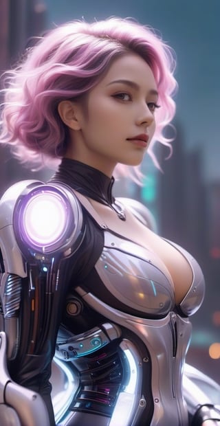 ((medium shot)), (RAW photo, best quality), (realistic, photo-Realistic:1.3), Imagine a beautiful cyborg with a translucent glowing glass body with colorful flowers and clockwork completely visible through her translucent glass body walking through a futuristic city, flowy hair, fantasy, work of beauty and complexity, 8k UHD, hyperdetailed ultrarealistic face, hazel eyes ,cyborg style, glowing translucent glass, amber glow,steampunk style, glass body, 80mm digital photo , wide_hips, translucent seethrough glass like body,Leonardo Style,cyberpunk style, iridescent glow,glasstech,,smile, (oil shiny skin:1.0), (big_boobs:2), willowy, chiseled, (hunky:2.4),(( body rotation -35 degree)), (upper body:0.8),(perfect anatomy, prefecthand, dress, long fingers, 4 fingers, 1 thumb), 9 head body lenth, dynamic sexy pose, breast apart, (artistic pose of awoman),chrometech,Glass Elements,bubbleGL