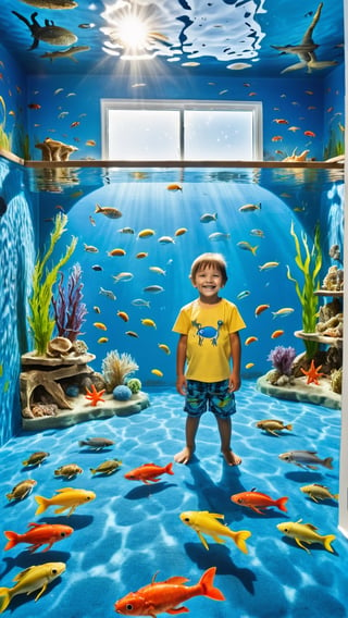 wonderful An child room full of water and a boy standing with a variety freshwater fishes,(freshwater area(crab,eel, shrimp, fish,)),(smile:1.2),1 boy,solo,