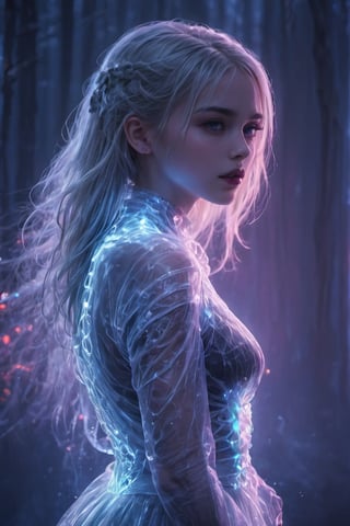 Blond girl, (((ghostly creature:1.5))), (((translucent:1.5))), Mschiffer's art, neon lights RBG, (light particles), bright white, colorful, RBG colors, strong backlit, bokeh,viewed_from_behind