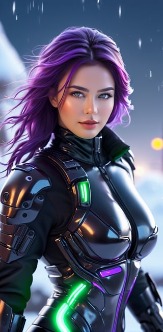 photorealistic, masterpiece, futuristic black tactical suit, special operation agent, beautiful, beautiful dark green eyes, long purple hair, ((background strong wind blizzard futuristic outpost antarctica)), ((night)), juicy lips, ((various futuristic high tech gadgets)), futuristic high tech gun , off shoulder, crop top, half body,smile, (oil shiny skin:1.0), (big_boobs:1.6), willowy, chiseled, (hunky:1.4),(( body rotation -35 degree)), (upper body:0.8),(perfect anatomy, prefecthand, dress, long fingers, 4 fingers, 1 thumb), 9 head body lenth, dynamic sexy pose, breast apart, (artistic pose of awoman),