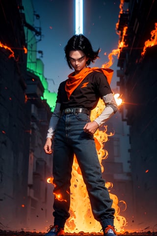 android 17, blue eyes, black hair,parted hair,short hair, black shirt, jeans, layered shirt, white sleeves,orange bandana, blue sneakers, green socks, brown belt, red patch dynamic poses,Hand holding lightning light wave,looking at viewer, from eye level, (looking upward:0.5), (long shot:0.9), (from below:1.2), ,r1ge