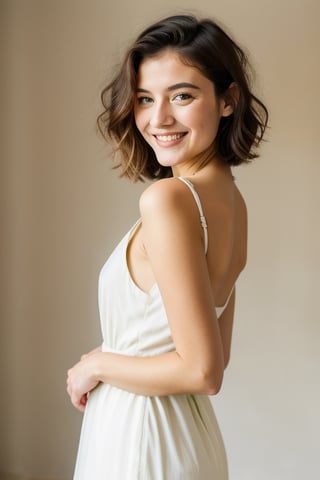 beautilful girl with smile, soft ligth, skin white, green softlight colored eyes, dark makeup, ethnicity european, body type average, short stature, brown hair with light yellow highlights, hair short style bob long, dress.,LogoRedmAF