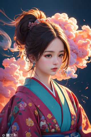 1 girl, 8k, masterpiece, ultra-realistic, best quality, high resolution, high definition,  JAPAN girl, COLOURFUL SMOKE BACKGROUND