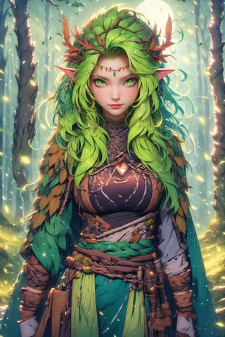 busty and sexy girl, 8k, masterpiece, ultra-realistic, best quality, high resolution, high definition, the character should be a mischievous forest spirit, ((glowing green eyes)), leaves woven into their hair. The background should be a moonlit forest clearing, with fireflies dancing in the air. The overall mood should be mysterious and enchanting, inviting viewers to explore the hidden magic of the woods