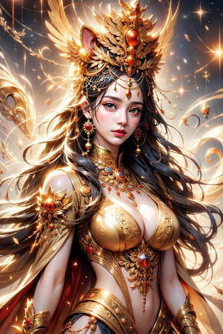 egyptian queen, busty and sexy cat girl, intricate golden patterns on their clothing, surrounded by swirling light, 8k, masterpiece, ultra-realistic, best quality, high resolution