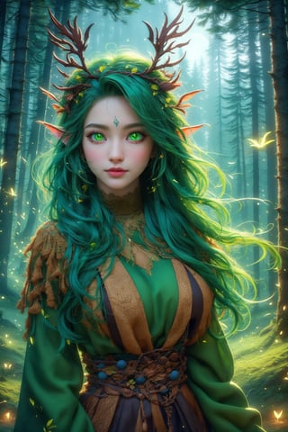 busty and sexy girl, 8k, masterpiece, ultra-realistic, best quality, high resolution, high definition, the character should be a mischievous forest spirit, ((glowing green eyes)), leaves woven into their hair. The background should be a moonlit forest clearing, with fireflies dancing in the air. The overall mood should be mysterious and enchanting, inviting viewers to explore the hidden magic of the woods.,FS