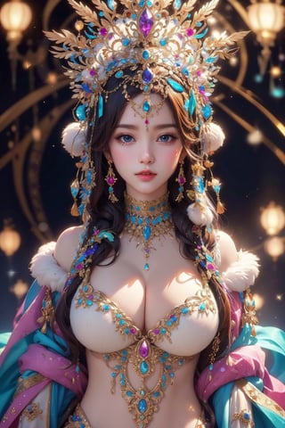 busty and sexy girl, 8k, masterpiece, ultra-realistic, best quality, high resolution, high definition,a character with a detailed and ornate headdress, adorned with what appears to be crystals or gems,OD
