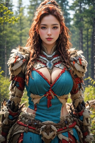 busty and sexy girl, 8k, masterpiece, ultra-realistic, best quality, high resolution, high definition, viking girl, primative clothing with mecha armor, forest