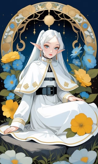 (1woman), sit on a rock and a field full of flowers, front, parted lips, eyeliner, gothic, goth girl,  full body, fractal art, (tarot card design), botanical illustration, blue flowers illustration, classic, elegant flourishes, lofi art style, retro, best quality, masterpiece, extremely detailed, intricate details, dark theme ,chinese ink drawing, Alphonse Mucha art,Frieren,


pointy ears,twintails,green eyes,outdoors,long hair,jewelry,earrings,long sleeves,looking at viewer,belt,parted bangs,elf,bangs,capelet,closed mouth,striped,dress,white hair,white dress,standing, ((white capelet)), shirt,(blue flowers blue background:1.2),ingling, green eyes,Frieren