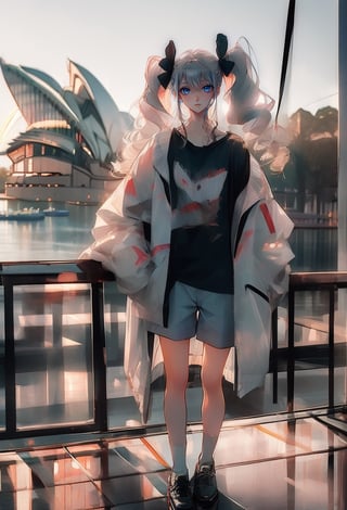 (Opera House sydney:1.4),

1girl, solo, long hair, looking at viewer, shirt, long sleeves, bow, holding, twintails, closed mouth, jacket, hair bow, grey hair, shoes, shorts, socks, open jacket, sleeves past wrists, grey eyes, black shirt, , white jacket, ,cinematic, 

((Opera House background:1.2)