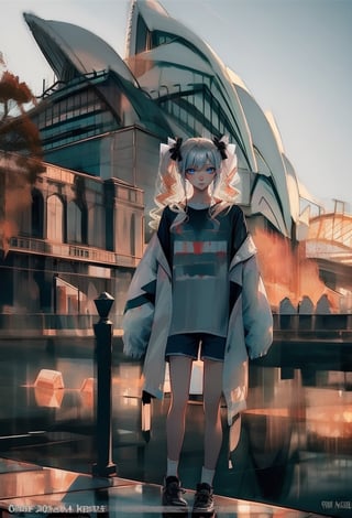 (Opera House sydney:1.4),

1girl, solo, long hair, looking at viewer, shirt, long sleeves, bow, holding, twintails, closed mouth, jacket, hair bow, grey hair, shoes, shorts, socks, open jacket, sleeves past wrists, grey eyes, black shirt, , white jacket, ,cinematic, 

((Opera House background:1.2)