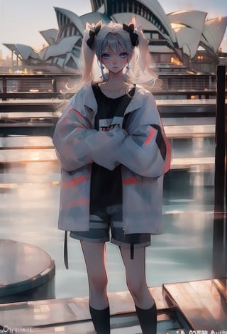 (Opera House sydney:1.4),

1girl, solo, long hair, looking at viewer, shirt, long sleeves, bow, holding, twintails, closed mouth, jacket, hair bow, grey hair, shoes, shorts, socks, open jacket, sleeves past wrists, grey eyes, black shirt, , white jacket, ,cinematic, 

((Opera House background:1.2)