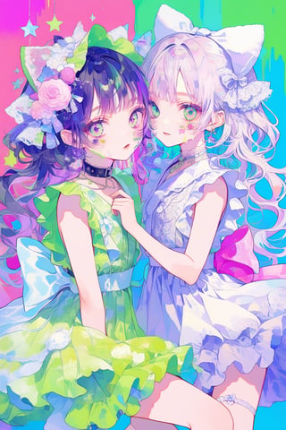  masterpiece, best quality, whimsical and colorful illustration featuring two charming Kawaii girls purple, donning adorable pastel outfits and cute accessories green, striking playful poses as vibrant paint splatters and drips swirl around them, adding a touch of whimsy and dynamism to their cute anime-inspired characters, Illustration, mixed media (digital painting and traditional watercolor purple),multicolored hair green, multicolored eyes, multicolored_dress, (multicolored_background:1.4), long hair,kawaii,deco , decora ,DECORA, Japanese aesthetic and fashion deco, ((((deco)))) decora, tokyo fashion... colorful clothing surrounded by other colorful objects on top ,dolls on head, stuffed Toys, collars, animals, stickers on face , on body, hair ornament, emo, (complementary colors purple, green:1.4), 