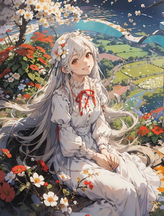 masterpiece, top quality, 1 girl, smiling with mouth open, sitting sideways, sitting on ground, looking up at sky, white dress, red ribbon, flower garden, flowers blooming, high definition, striking light, composition from below, portrait, wide shot, backlight, focus on feet,best quality, (garden:1.2),niji6,nodf_lora