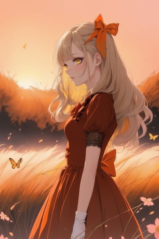 girl in lolita, (red dress:1.1), (wearing lace gloves), curly blonde hair adorned with bows, standing in a blooming cherry blossom garden, surrounded by fluttering butterflies, soft sunlight filtering through the trees orange, creating a dreamy and ethereal atmosphere analogous colors yellow, 
(analogous colors red, orange, yellow:1.3), (orange grass, sunset sky, pink flowers:1.2), 