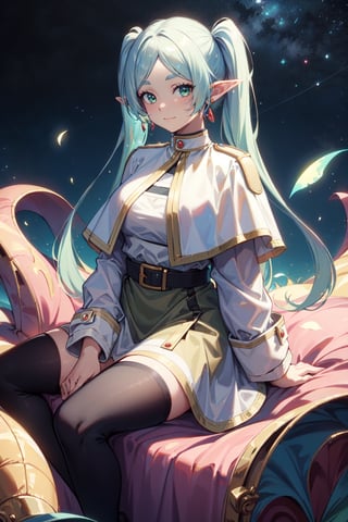 (masterpiece),best quality,highres,stunning art,beautifully painted,colorful,(rim light:1.2),4K wallpapper,fantasy,(panorama),(huge circular flowing background),through space,solo,1girl,slim,sitting_invisible_chair,gentle smile,(black thighhighs),long black hair,blunt bangs, green eyes,(khaki fedora), khaki coat,long light-green dress, light-greenshoes,space background,starry_sky,galaxy,red moon,DonMF41ryW1ng5,frieren,

pointy ears,twintails,green eyes,outdoors,long hair,jewelry,earrings,long sleeves,looking at viewer,belt,parted bangs,elf,bangs,capelet,closed mouth,striped,dress,white hair,white dress,standing, ((white capelet)), shirt,(blue flowers blue background:1.2),ingling, green eyes,