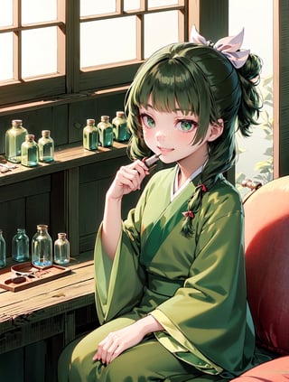 deformed Anime Style,full body,beautiful,smirk,
masterpiece, best quality, highres, 1girl hair ribbon hair ornament, hanfu green shirt wide sleeves red skirt long skirt , smirk, indoors, east asian architecture,1girl ((hair ribbon hair ornament,bun)),((Portrait)),1girl,maomao,((Dark green hair:1.4)), (20 years old:1.3)
shangfu,freckles, (blue ribbon:1.4)

,

masterpiece, best quality,indoors,Wood windows,Chinese architecture,1girl,bandage,sitting, grin,star eyes, (herbs:1.2), (antique white medicine bottles, medicinal jars, apothecary tools:1.4),perfect, 