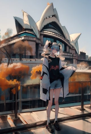 (Opera House sydney:1.4),

1girl, solo, long hair, looking at viewer, shirt, long sleeves, bow, holding, twintails, closed mouth, jacket, hair bow, grey hair, shoes, shorts, socks, open jacket, sleeves past wrists, grey eyes, black shirt, , white jacket, ,cinematic, 

((Opera House background:1.2)