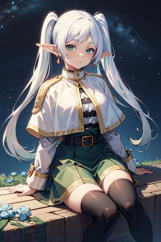 (masterpiece),best quality,highres,stunning art,beautifully painted,colorful,(rim light:1.2),4K wallpapper,fantasy,(panorama),through space,solo,1girl,slim,sitting_invisible_chair,gentle smile,(black thighhighs),long black hair,blunt bangs, green eyes,(khaki fedora), khaki coat,long light-green dress, light-greenshoes,space background,starry_sky,galaxy,red moon,DonMF41ryW1ng5,frieren,

pointy ears,twintails,green eyes,outdoors,long hair,jewelry,earrings,long sleeves,looking at viewer,belt,parted bangs,elf,bangs,capelet,closed mouth,striped,dress,(white hair:1.4),white dress,standing, ((white capelet)), shirt,(blue flowers blue background:1.2),ingling, green eyes,