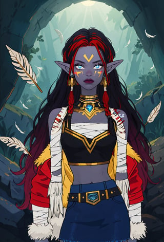 1girl, portrait of beautiful shewowtroll, facepaint, lip piercing, glowing blue eyes, dark grey skin, tattoo, jewelry, aztec heavy armor with runes and glyphs, crop top, bandages, feathers, fur trim, multicolored hair, dreadlocks, desert, sunlight, volumetric lighting, best quality, masterpiece, realistic ,shewowtroll

(best quality, masterpiece, highres),from behine,1girl stand,solo,tanktop no bra,off shoulders and jacket,shirt,mini_skirt,
