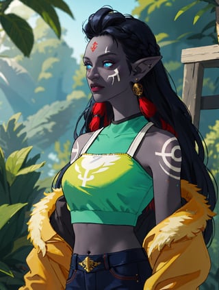 1girl, portrait of beautiful shewowtroll, facepaint, lip piercing, glowing blue eyes, (dark grey skin:1.2), tattoo, jewelry, heavy armor with runes and glyphs, crop top, fur trim, multicolored hair, dreadlocks, desert, sunlight, volumetric lighting, best quality, masterpiece, realistic ,shewowtroll, 

(best quality, masterpiece, highres),from behine,1girl stand,solo,tanktop no bra,off shoulders and jacket leather,shirt,mini_skirt, 
