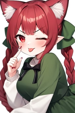 (masterpiece),(best quality), 


1girl, solo, long hair, looking at viewer, blush, simple background, red eyes, long sleeves, white background, dress, bow, animal ears, upper body, braid, hair bow, red hair, one eye closed, tongue, pointy ears, fang, cat ears, tongue out, nail polish, twin braids, v-shaped eyebrows, animal ear fluff, black bow, extra ears, green dress, ;p, akanbe