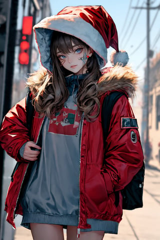 (masterpiece),,(best quality), 
1girl, solo, long hair, looking at viewer, long sleeves, hat, closed mouth, jacket, outdoors, hood, bag, blurry, fur trim, blurry background, stuffed toy, backpack, stuffed animal, hood down, ground vehicle, bandaid, hooded jacket, red headwear, motor vehicle, red jacket, santa hat, teddy bear, bandaid on face