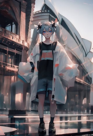 (Opera House sydney:1.4),

1girl, solo, long hair, looking at viewer, shirt, long sleeves, bow, holding, twintails, closed mouth, jacket, hair bow, grey hair, shoes, shorts, socks, open jacket, sleeves past wrists, grey eyes, black shirt, , white jacket, ,cinematic, 

((Opera House background:1.2)