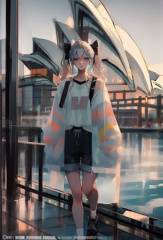 (Opera House sydney:1.4),

1girl, solo, long hair, looking at viewer, shirt, long sleeves, bow, holding, twintails, closed mouth, jacket, hair bow, grey hair, shoes, shorts, socks, open jacket, sleeves past wrists, grey eyes, black shirt, , white jacket, ,cinematic, 

((Opera House background:1.2)