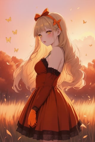 girl in lolita, (red dress:1.1), (wearing lace gloves), curly blonde hair adorned with bows, standing in a blooming cherry blossom garden, surrounded by fluttering butterflies, soft sunlight filtering through the trees orange, creating a dreamy and ethereal atmosphere analogous colors yellow, 
(analogous colors red, orange, yellow:1.3), (orange grass, sunset sky, pink flowers:1.2)