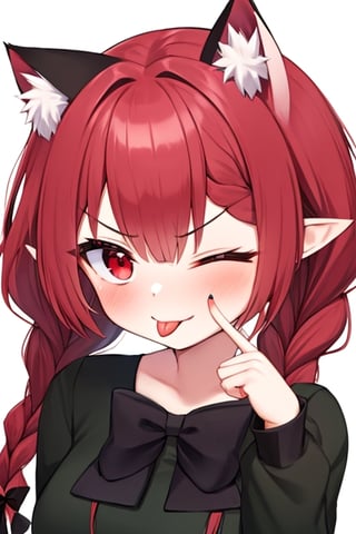 (masterpiece),(best quality), 


1girl, solo, long hair, looking at viewer, blush, simple background, red eyes, long sleeves, white background, dress, bow, animal ears, upper body, braid, hair bow, red hair, one eye closed, tongue, pointy ears, fang, cat ears, tongue out, nail polish, twin braids, v-shaped eyebrows, animal ear fluff, black bow, extra ears, green dress, ;p, akanbe