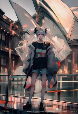 (Opera House sydney:1.4),

1girl, solo, long hair, looking at viewer, shirt, long sleeves, bow, holding, twintails, closed mouth, jacket, hair bow, grey hair, shoes, shorts, socks, open jacket, sleeves past wrists, grey eyes, black shirt, , white jacket, ,cinematic, 

((Opera House background:1.2)