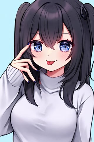 (masterpiece),,(best quality), 

(closed mouth:1.1), upper body, ahoge,  (hand up:1,1), tongue out, eyes visible through hair,  :p, akanbe, finger under the eye


1girl, solo, breasts, looking at viewer, blush, blue eyes, simple background, black hair, long sleeves, hair between eyes, medium breasts, upper body, tongue, hand up, tongue out, medium hair, nail polish, sweater, two side up, sleeves past wrists, blue background, piercing, black nails, :p, white sweater, tongue piercing, akanbe