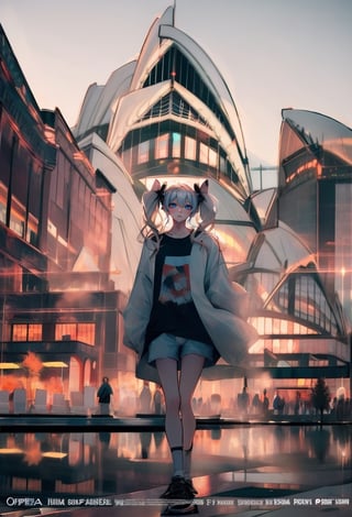 (Opera House sydney:1.4),

1girl, solo, long hair, looking at viewer, shirt, long sleeves, bow, holding, twintails, closed mouth, jacket, hair bow, grey hair, shoes, shorts, socks, open jacket, sleeves past wrists, grey eyes, black shirt, , white jacket, ,cinematic, 

((Opera House background:1.2)