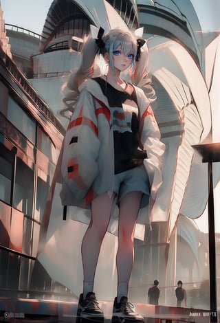 (Opera House sydney:1.4),

1girl, solo, long hair, looking at viewer, shirt, long sleeves, bow, holding, twintails, closed mouth, jacket, hair bow, grey hair, shoes, shorts, socks, open jacket, sleeves past wrists, grey eyes, black shirt, , white jacket, ,cinematic, 

((Opera House background:1.2)