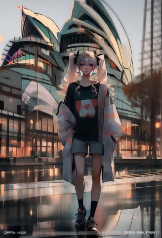 (Opera House sydney:1.4),

1girl, solo, long hair, looking at viewer, shirt, long sleeves, bow, holding, twintails, closed mouth, jacket, hair bow, grey hair, shoes, shorts, socks, open jacket, sleeves past wrists, grey eyes, black shirt, , white jacket, ,cinematic, 

((Opera House background:1.2)