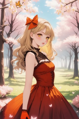 girl in lolita, (red dress:1.1), (wearing lace gloves), curly blonde hair adorned with bows, standing in a blooming cherry blossom garden, surrounded by fluttering butterflies, soft sunlight filtering through the trees orange, creating a dreamy and ethereal atmosphere analogous colors yellow, 
(analogous colors red, orange, yellow:1.3)