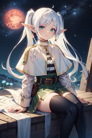 (masterpiece),best quality,highres,stunning art,beautifully painted,colorful,(rim light:1.2),4K wallpapper,fantasy,(panorama),(huge circular flowing background),through space,solo,1girl,slim,sitting_invisible_chair,gentle smile,(black thighhighs),long black hair,blunt bangs, green eyes,(khaki fedora), khaki coat,long light-green dress, light-greenshoes,space background,starry_sky,galaxy,red moon,DonMF41ryW1ng5,frieren,

pointy ears,twintails,green eyes,outdoors,long hair,jewelry,earrings,long sleeves,looking at viewer,belt,parted bangs,elf,bangs,capelet,closed mouth,striped,dress,(white hair:1.4),white dress,standing, ((white capelet)), shirt,(blue flowers blue background:1.2),ingling, green eyes,